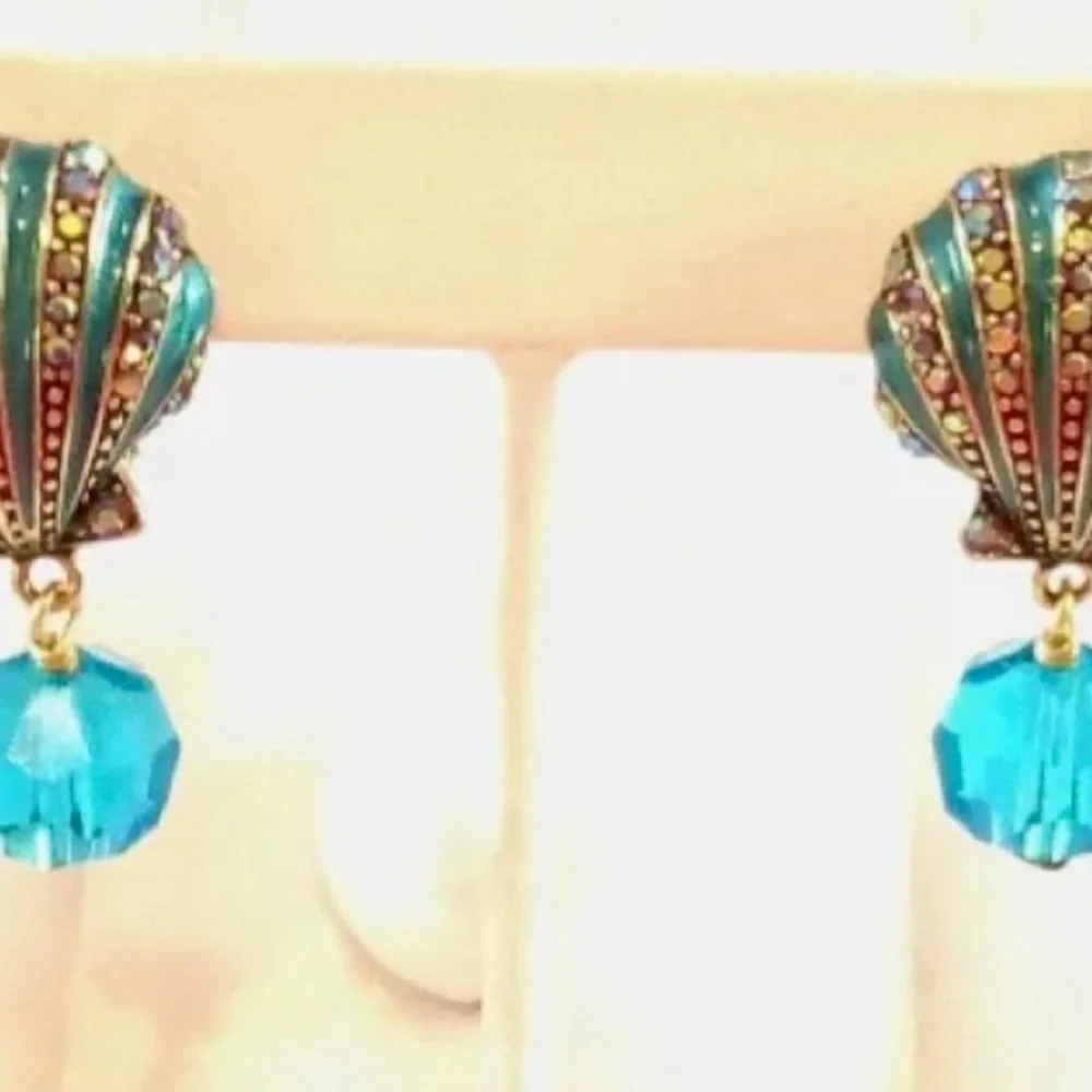 NWOT Heidi Daus Elegant Crystal and Enamel Blue Shell Omega Back Earrings - Picture 8 of 8